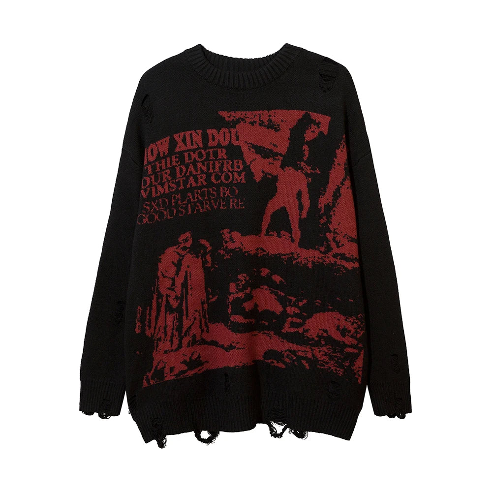 ripped goth women y2k men sweaters vintage black oversized knitted sweater harajuku anime fashion winter 2023 knit tops pullover high quality cotton pullover, Y2K vintage urban hoodie, trendy hip hop style outerwear