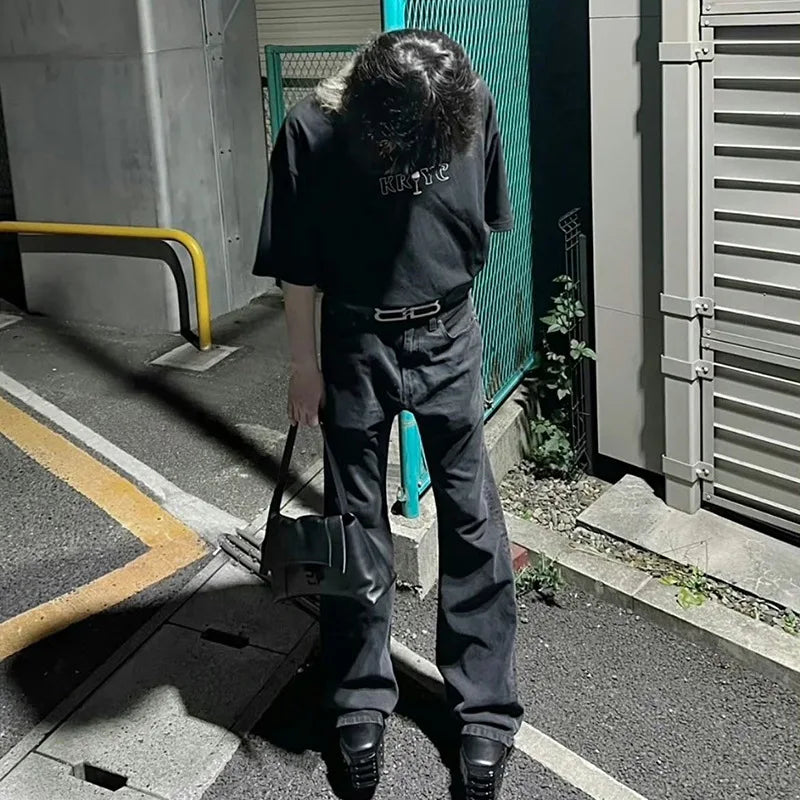 american ro black washed frayed flared jean high street trend personality vintage slim fit flare denim pants cleanfit distressed unique jeans style 44