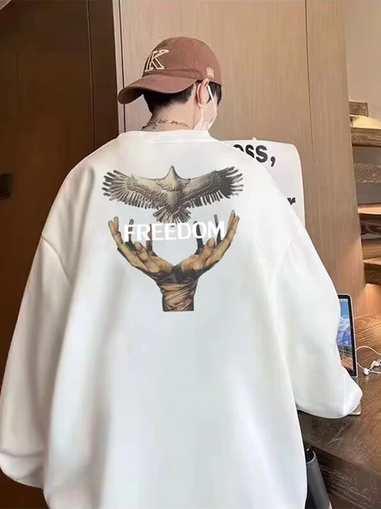 Dove Of Freedom Graphic Printed Men's Crewneck Hoodies Hip Hop Fashion Pullover Sweatshirts Hombre Y2K