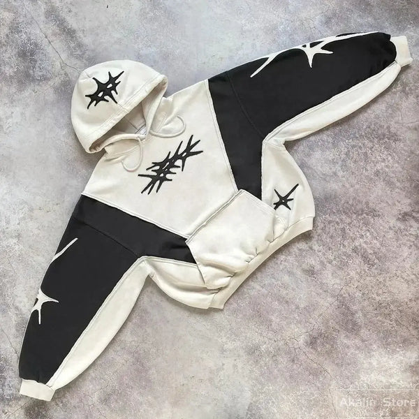 Vaporwave Drop – Y2K Patch Design Loose Zip Hoodies For Men Geometric Pattern – Streetwear Fashion for Men & Women