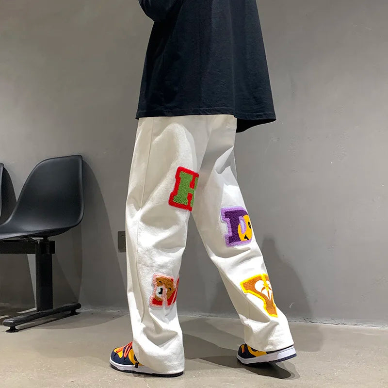 preppy style letter embroidery straight men baggy tracksuit pants y2k clothes sweatpants male drawstring casual long trousers unique joggers style 1082