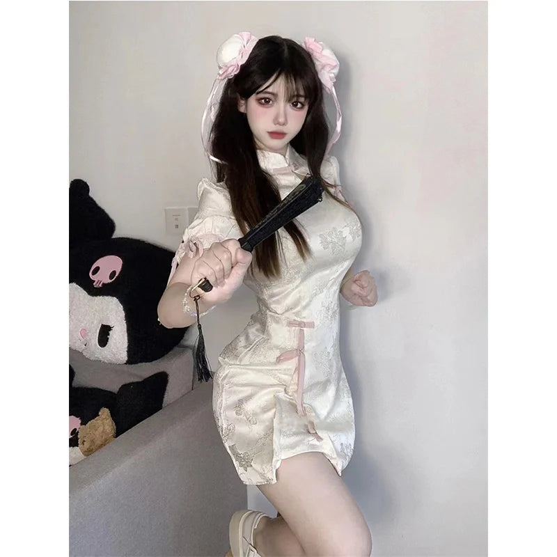 Vintage Chinese Style Cheongsam High Split Mini Dress 2024 Tie Dye Gothic Women Aesthetic Bandage Dresses Y2k Sexy Bodycon Robe