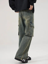 spring and autumn retro men and women trendy straight tube multi pocket work clothes jeans american couple loose casual pants vintage washed jeans