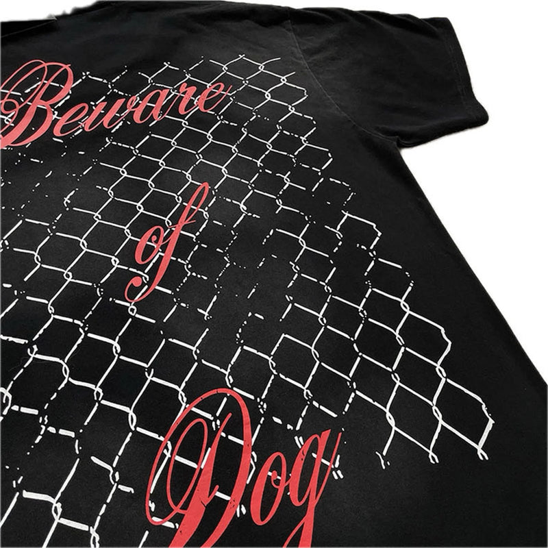 24SS HS Brand Fashion Beware Of Dog Tee High-Street Retro Washed Print Cotton Short Sleeve Tops T-Shirt
