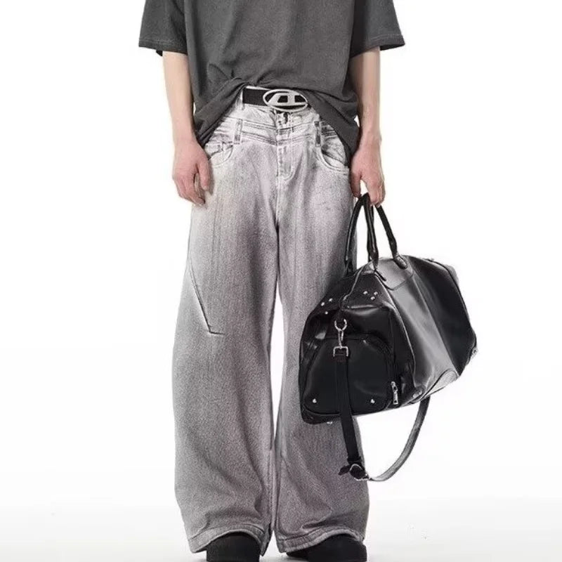 street mens jeans hip hop double waist head gradient smudging trend denim pants y2k 2024 new streetwear american cowboy trousers stacked flare jeans