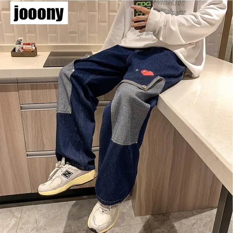 men jeans patchwork multi pocket couple denim pants beggar style cargo pants high street casual male streetwear military streetwear pants