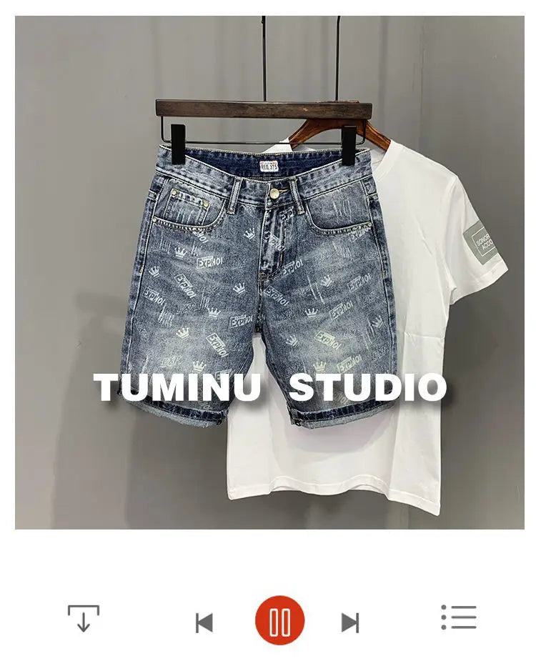 22 year denim shorts mens summer korean style printed korean style casual pants unique jeans style 1965