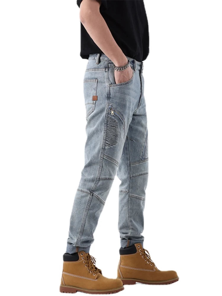 zipper hole patchwork pleated skinny denim jeans men casual slim fit biker trouser jeans fashion streetwear hip hop jean joggers streetwear sweatpants