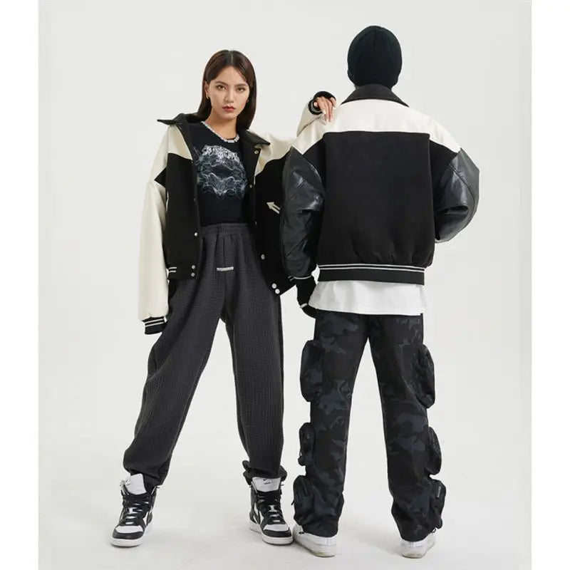 Korean Retro Street PU Leather Patchwork Baseball Jacket Men Autumn Trendy