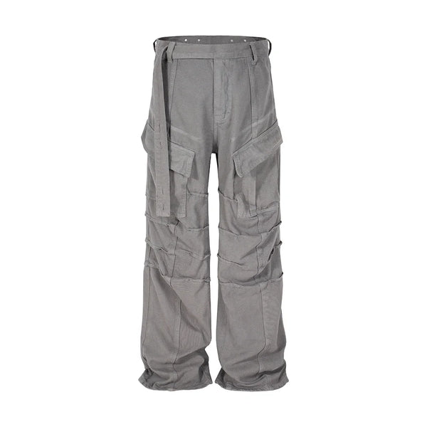streetwear big pockets sashes pleated baggy jeans for men and women washed straight casual cargo pants oversize denim trousers multi-pocket cargos