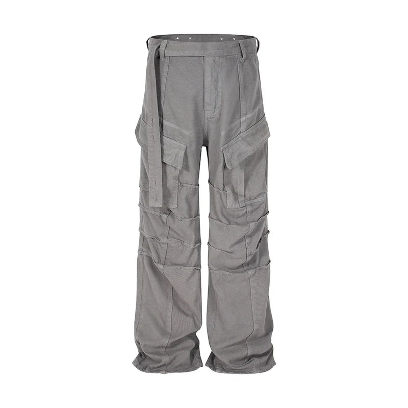 streetwear big pockets sashes pleated baggy jeans for men and women washed straight casual cargo pants oversize denim trousers multi-pocket cargos