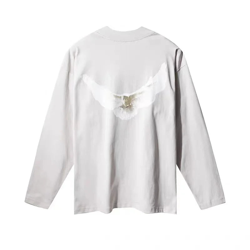 Y2k Tribal flame – Kanye White Pigeon Washed Old Vintage Loose Sleeve Round Nec