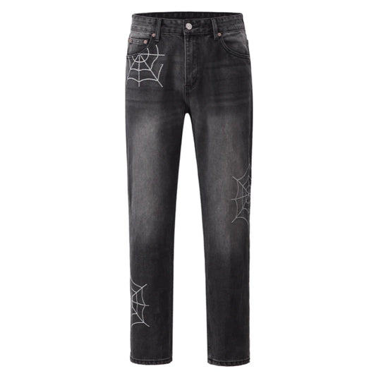 mens hip hop streetwear denim pants cobweb embroidery denim pants 2023 harajuku zipper cotton joggers jeans trousers harem pants streetwear sweatpants