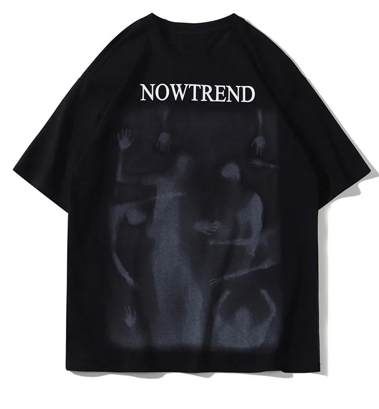 Glitchcore Fashion – Aolamegs Men Gothic Demon Ghost Print Oversized T Shirt Punk – Modern Streetwear for Everyone