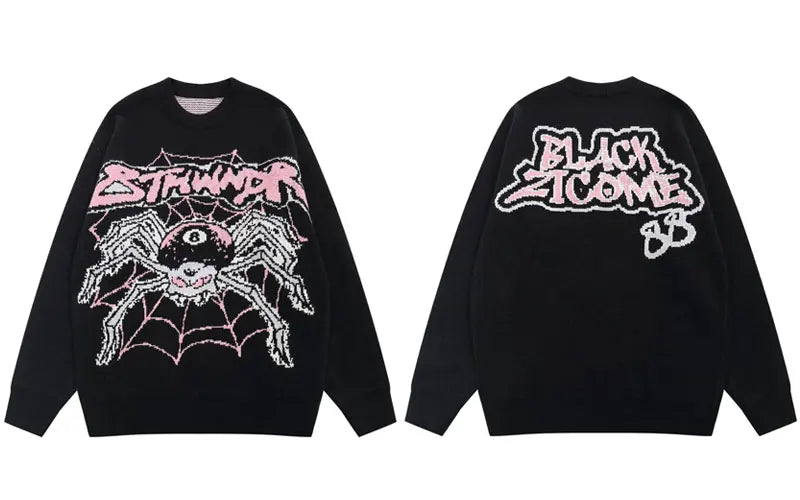 mens hip hop sweater spider knitted pullover o neck jumper fashion punk streetwear harajuku y2k jumpers casual loose sweaters trendy hip hop style outerwear, aesthetic street look hoodie, Y2K vintage urban hoodie