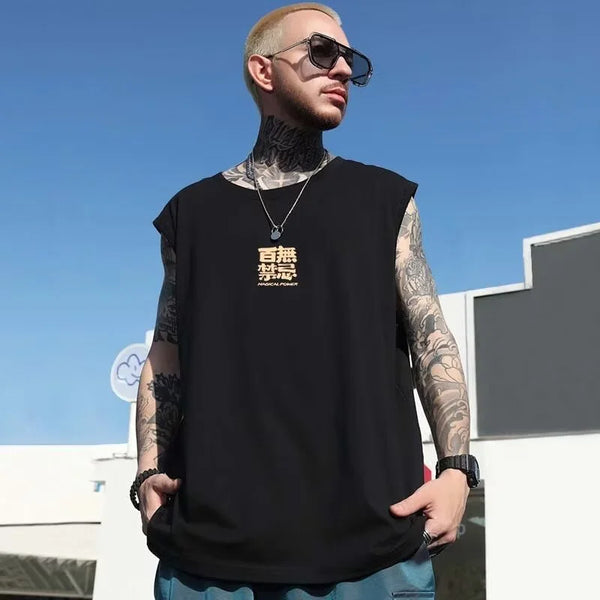 Glitchcore Melting smiley – Summer Chinese Character Print Tank Top Mens Hip Hop Fashion