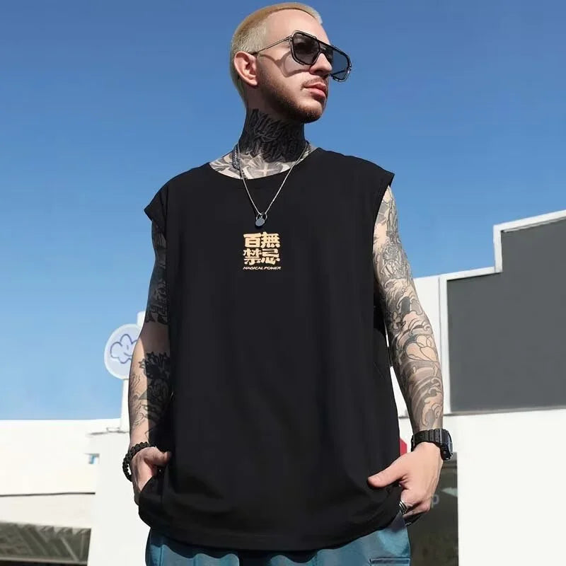 Glitchcore Melting smiley – Summer Chinese Character Print Tank Top Mens Hip Hop Fashion