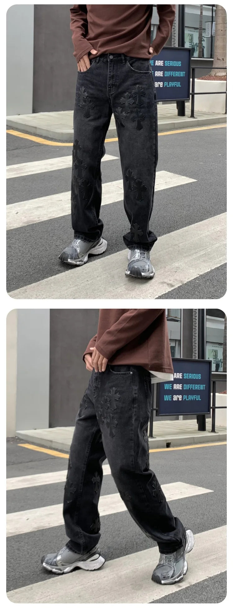 men embroidery streetwear brand fashion hip hop loose casual straight motorcycle denim jeans pant cityboy y2k jeans trousers unique jeans style 2486
