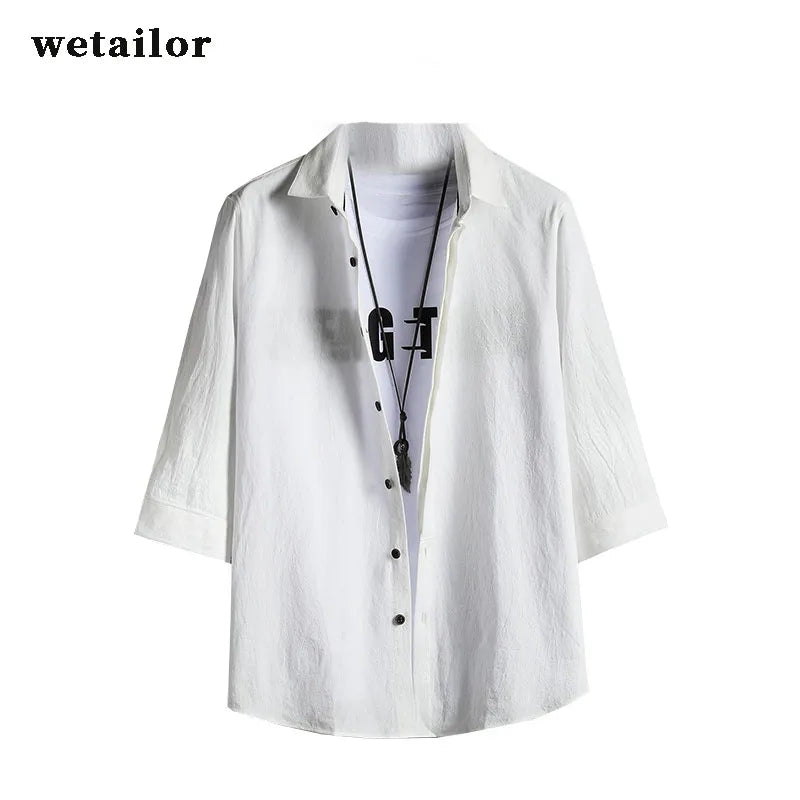Wetailor New Summer Hot Sale Men's Short Sleeve Shirts Solid Color Easy Care Comfortable Stand-Up Collar Casual Beach Style