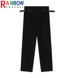 rainbowtouches men pants unisex high street waistband solid casual slim fitting pants couple loose straight mens suit pants menswear bottoms