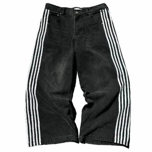 new hip hop baggy jeans harajuku goth y2k jeans for men black striped embroidered wide leg denim pants high street streetwear unique jeans style 302