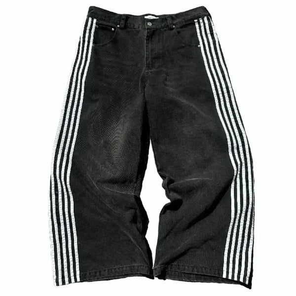 new hip hop baggy jeans harajuku goth y2k jeans for men black striped embroidered wide leg denim pants high street streetwear unique jeans style 302