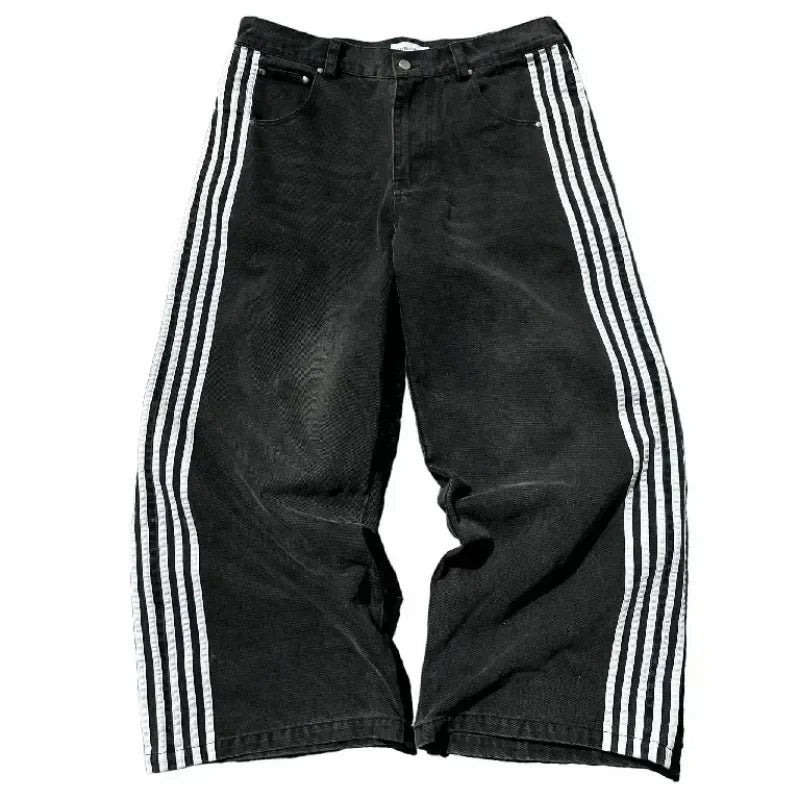 new hip hop baggy jeans harajuku goth y2k jeans for men black striped embroidered wide leg denim pants high street streetwear unique jeans style 302