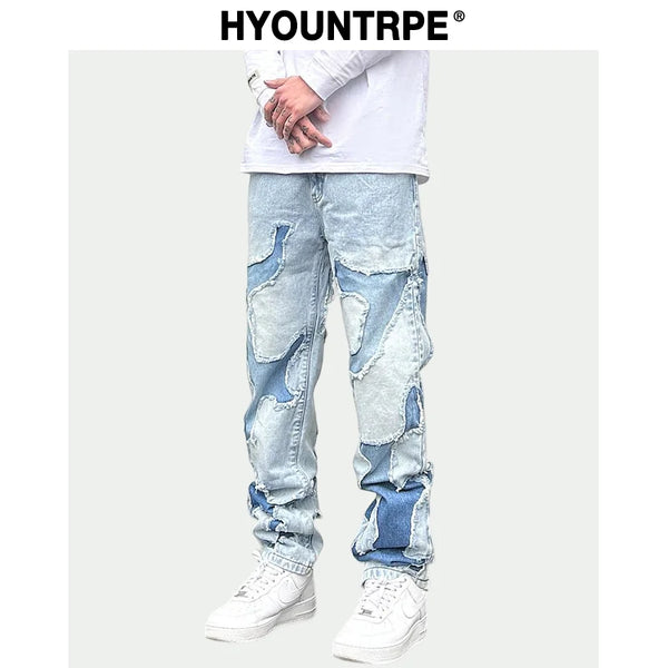 ripped irregular patchwork design denim jeans men casual zipper biker trousers jeans fashion streetwear hip hop pants joggers casual joggers