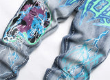 fashion skull graffiti jeans lightning printed denim pants mens distressed biker jeans streetwear slim hip hop pants joggers unique joggers style 350