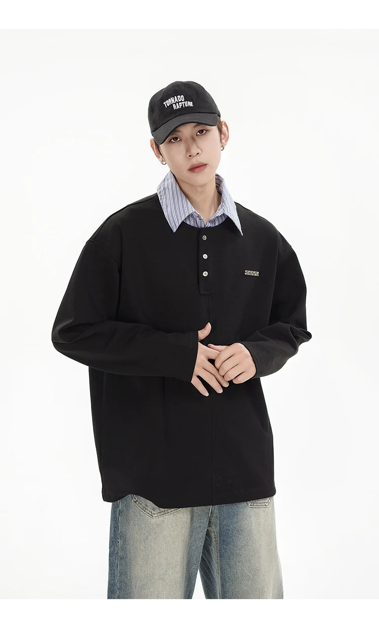 Anime Barcode glitch – Splice Stripe Collar Polo Shirts Men Streetwear Fashion Hip