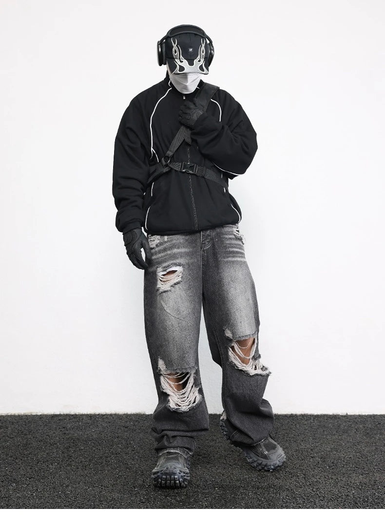 knee destroy big holes high street pants mens casual harajuku zipper straight trousers hip hop fashion streetwear baggy joggers unique joggers style 2918