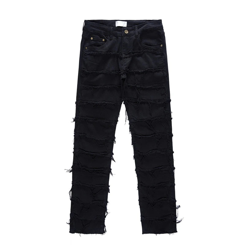 destroyed ripped pieced patchwork denim jean pants casual straight biker trousers mens fashion y2k hip hop streetwear joggers unique joggers style 525