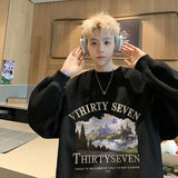 Autumn Oil Painting Landscape Print Cotton Sweatshirt Men Loose Casual Crewneck Pullover Hoodies Korean