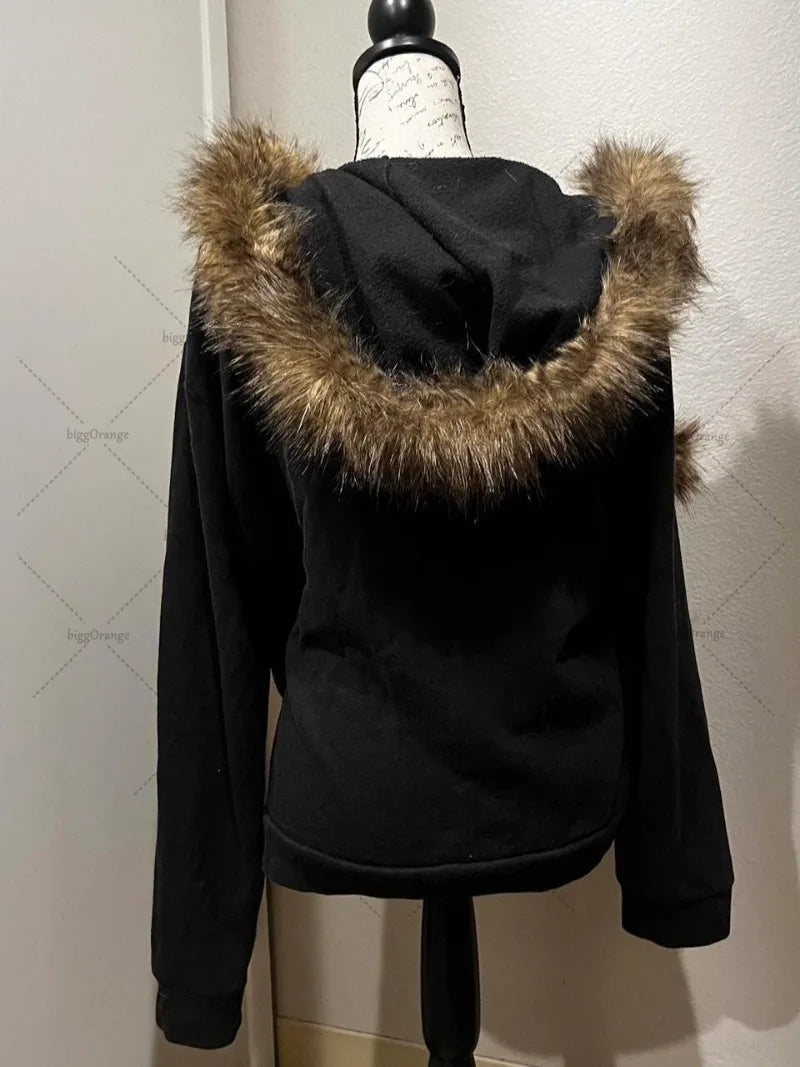 Harajuku Y2K Streetwear Jacket High Street Retro Fur Collar Zipper Hoo