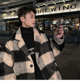 Plaid Woolen Trenchcoat Men Autumn Winter Fashion Retro Streetwear Suit Collar Loose Casual Trendy Trench Coat Outerwear