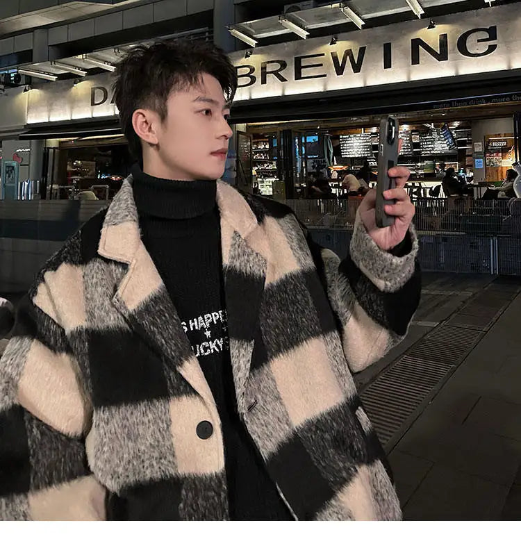 Plaid Woolen Trenchcoat Men Autumn Winter Fashion Retro Streetwear Suit Collar Loose Casual Trendy Trench Coat Outerwear
