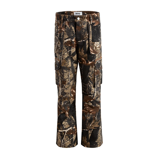 camougflage denim pants for men streetwear vintage clean fit patchwork branches pocket oversized cargos baggy casual flare jeans multi-pocket cargos
