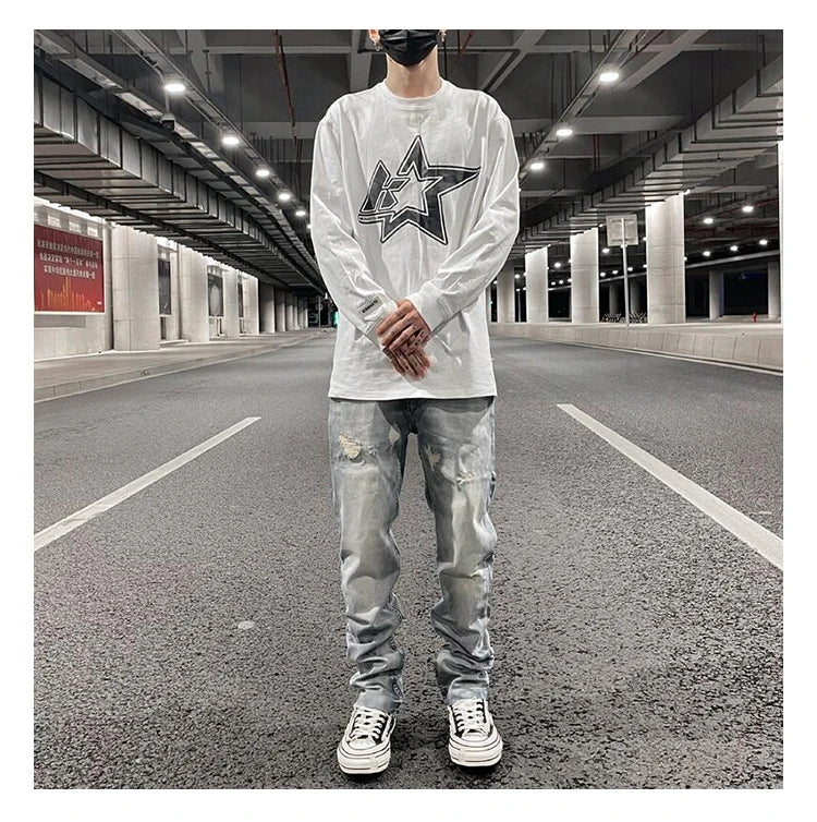 original tie dyed ripped flared denim jean for men streetwear washed hole casual stacked jeans pants mens slim fit jeans 2023 unique jeans style 3737
