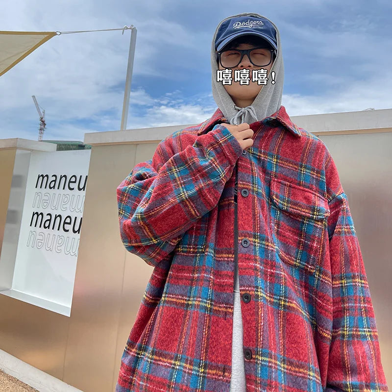 Woolen Coat Men Warm Oversized Retro Thickened Woolen Jacket Mens Streetwear