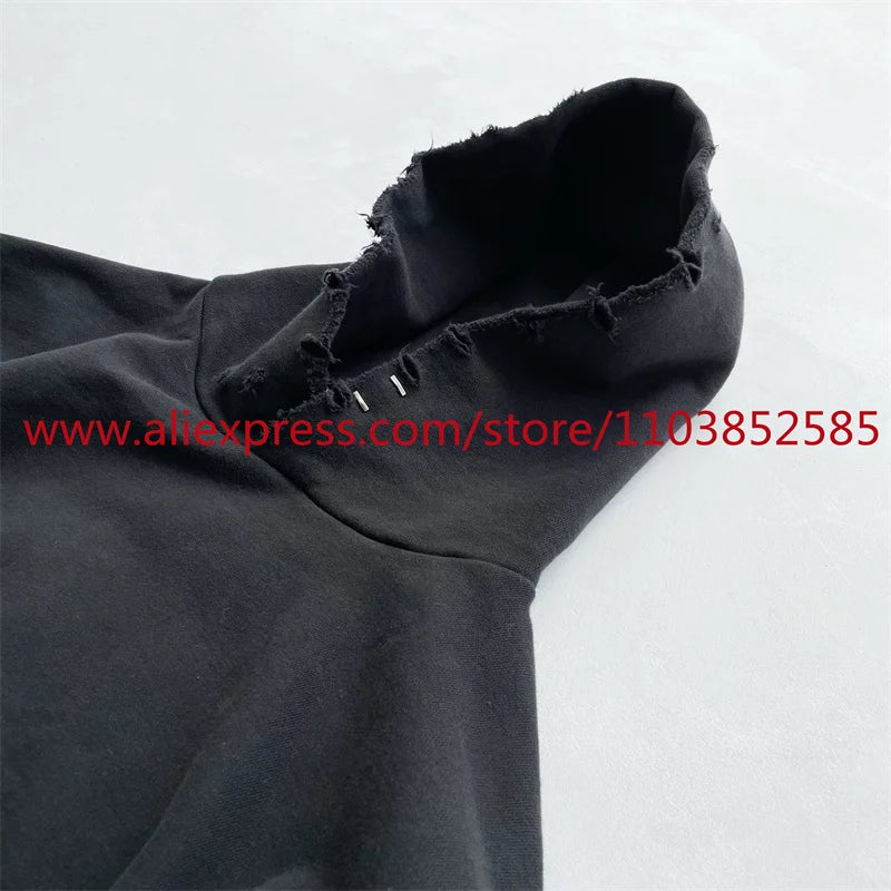 2024 Autumn Winter High Street Basic Vintage Damaged Hole Loose Hoodie