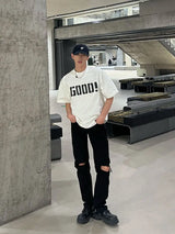 Y2k Trendy hip-hop men and women street personality GOOD print round neck short sleeved couple loose Harajuku retro casual top