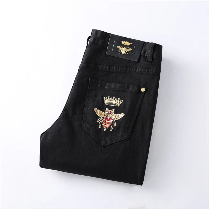 high new 2022 classical vintage morden luxurious embroidered bee crown jeans cotton denim pants comfort casual 28 38 n404 unique jeans style 1262