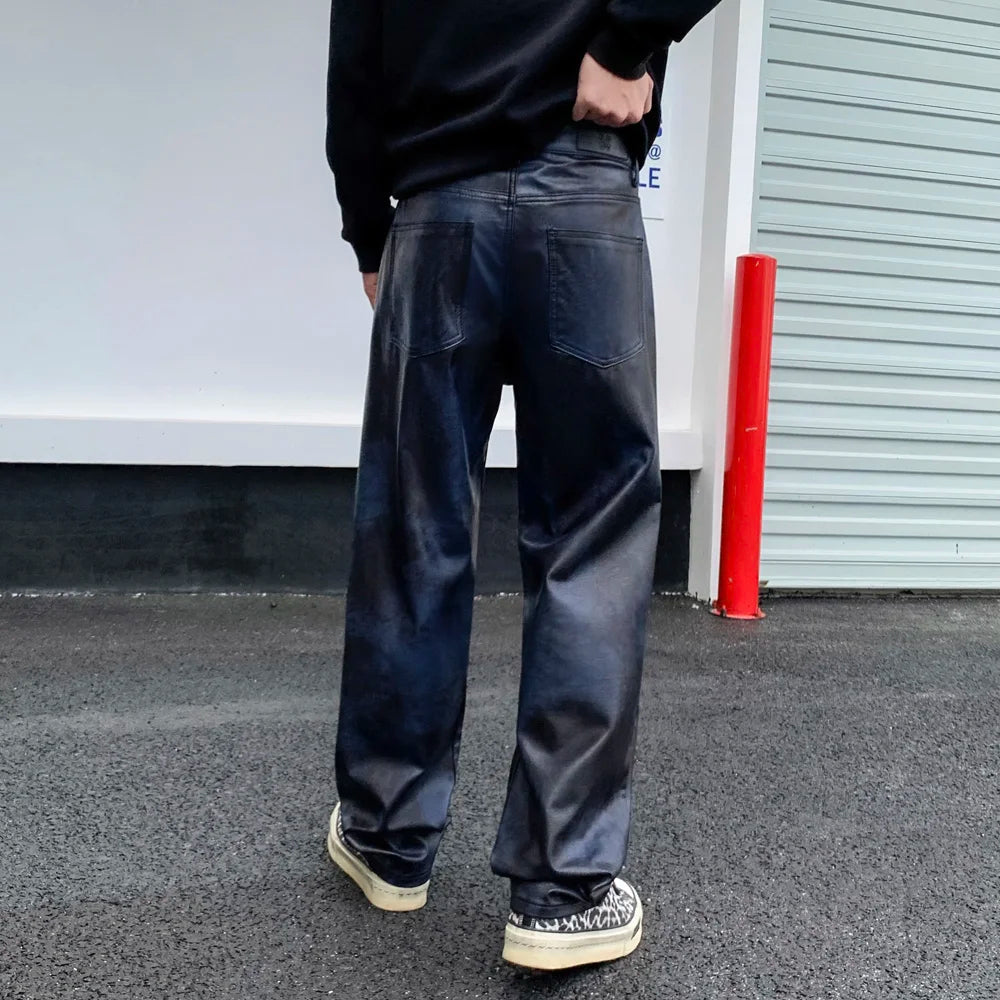 men streetwear fashion hip hop punk gothic vibe casual straight leather pant man y2k trousers motorcycle pants stage clothing minimalist street pants