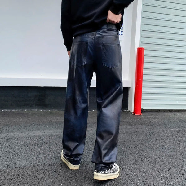 men streetwear fashion hip hop punk gothic vibe casual straight leather pant man y2k trousers motorcycle pants stage clothing minimalist street pants