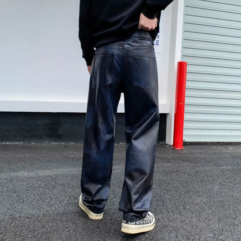 men streetwear fashion hip hop punk gothic vibe casual straight leather pant man y2k trousers motorcycle pants stage clothing minimalist street pants