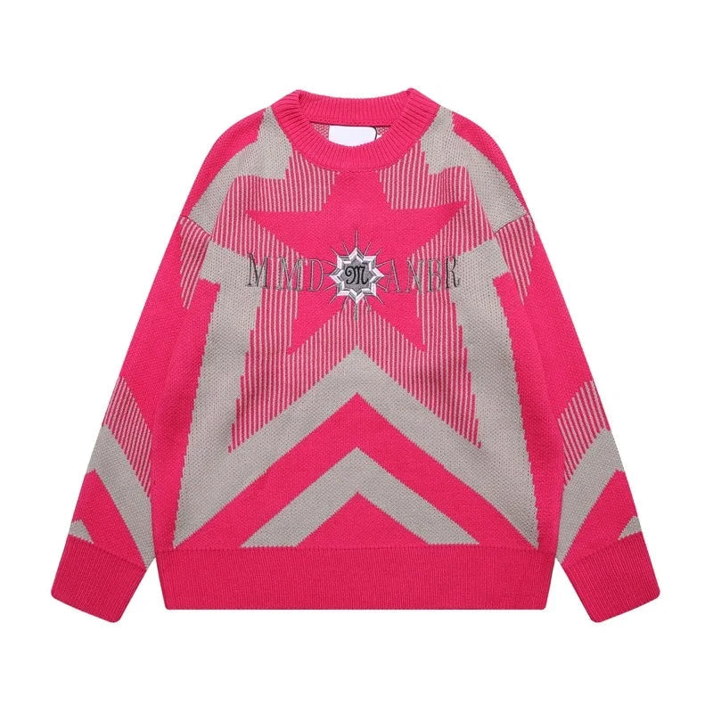 stars knitted sweater unisex harajuku letter embroidery sweater casual pink color pullover streetwear sweaters jumpers knitwear high quality cotton pullover, aesthetic street look hoodie, streetwear fashion hoodie