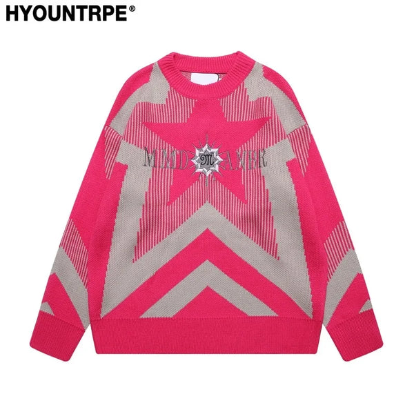 stars knitted sweater unisex harajuku letter embroidery sweater casual pink color pullover streetwear sweaters jumpers knitwear high quality cotton pullover, aesthetic street look hoodie, streetwear fashion hoodie