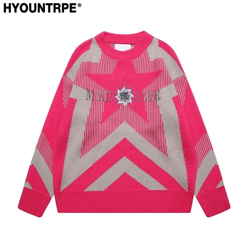 stars knitted sweater unisex harajuku letter embroidery sweater casual pink color pullover streetwear sweaters jumpers knitwear high quality cotton pullover, aesthetic street look hoodie, streetwear fashion hoodie