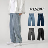 korean fashion mens baggy jeans classic all match solid color straight leg denim wide leg pants male light blue grey black urban skinny jeans