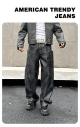 men brand fashion splice pocket loose casual wide leg leather baggy pant cityboy streetwear cargo motorcycle pants trousers unique cargo style 2569